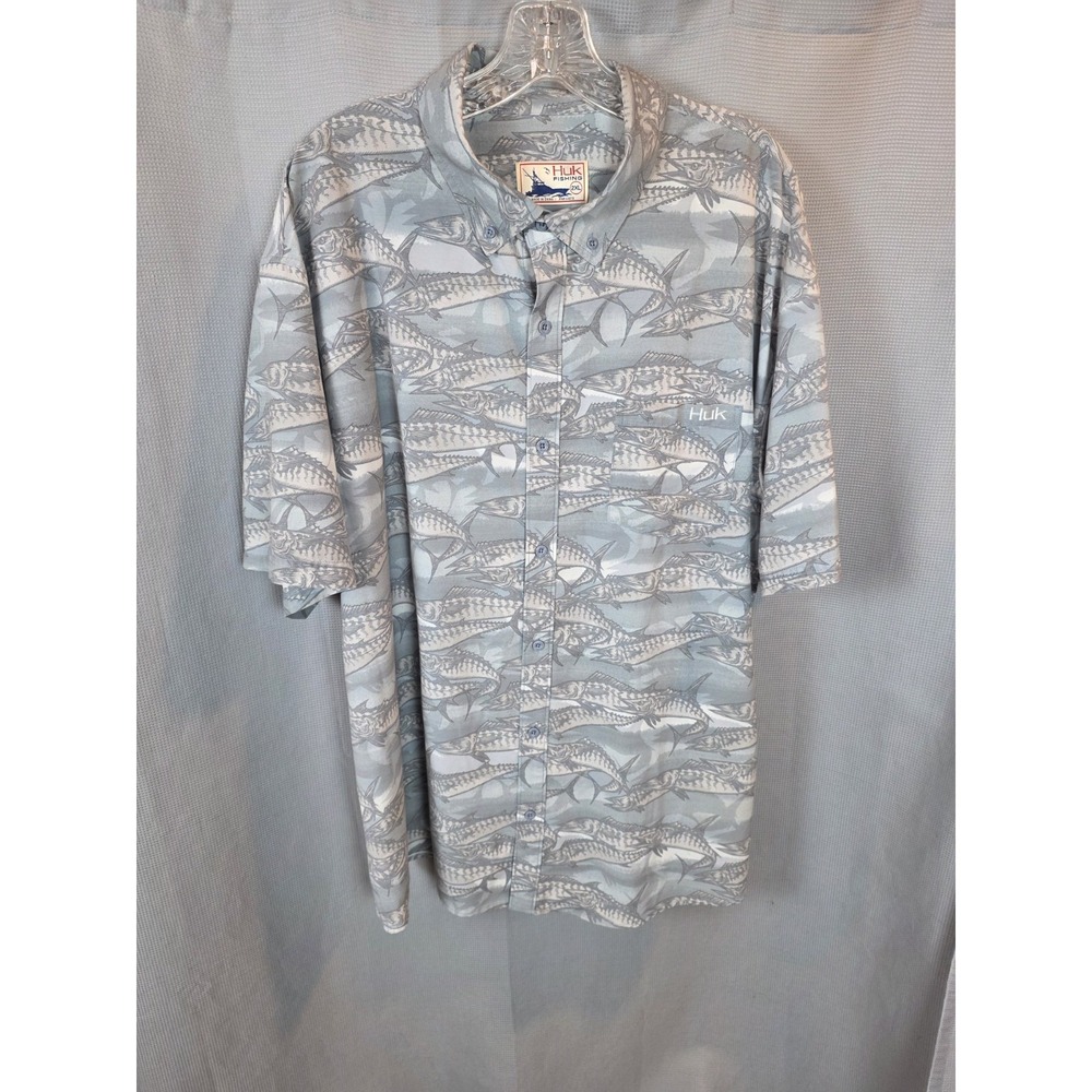 HUK Kona Shirt Mens 2XL Short Sleeve Fish AOP Fishing Outdoors Button Down